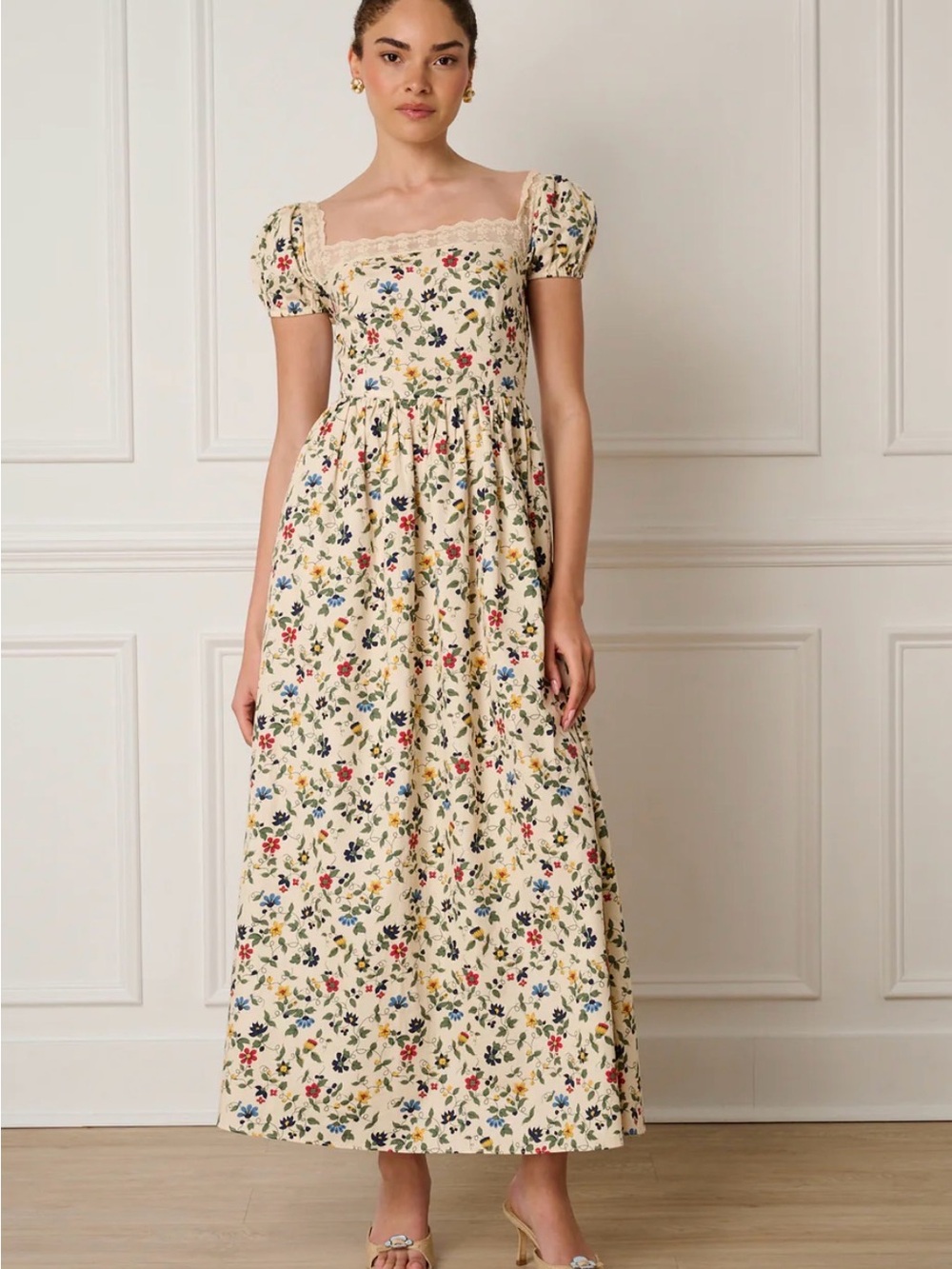 Floral Lace-Trim Square Neck Cream Maxi Dress